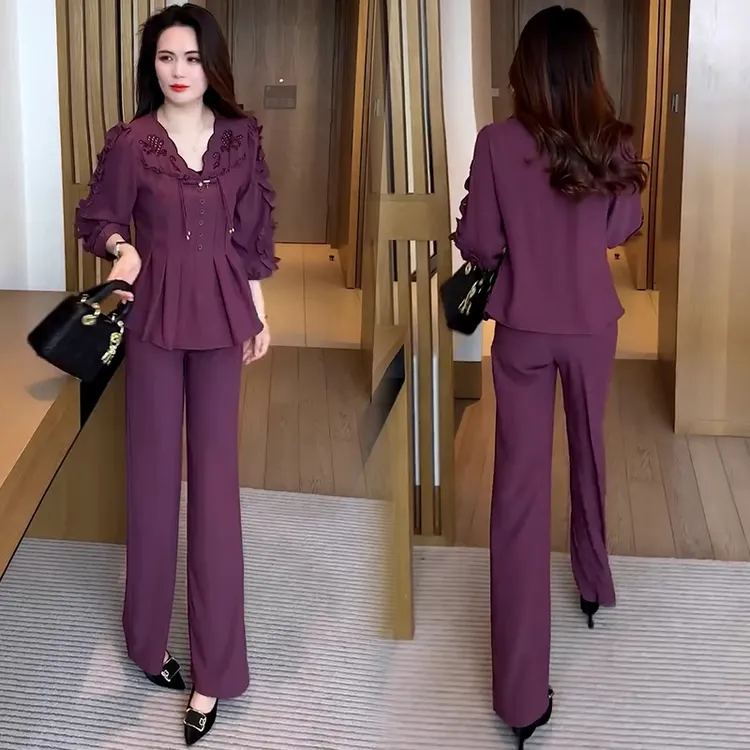 时尚套装女2025夏季新款洋气显瘦减龄长袖V领衬衫阔腿裤两件套潮