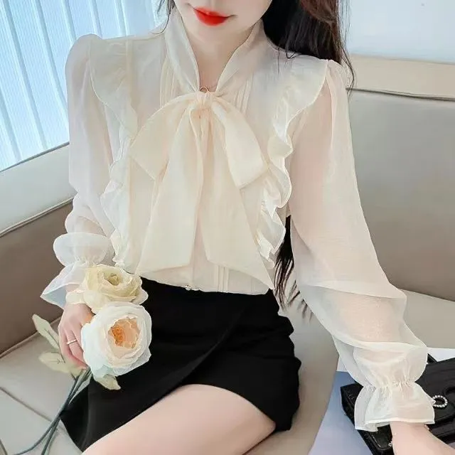 法式荷叶边减龄宽松雪纺衫女2025春秋甜美气质蝴蝶结百搭长袖上衣