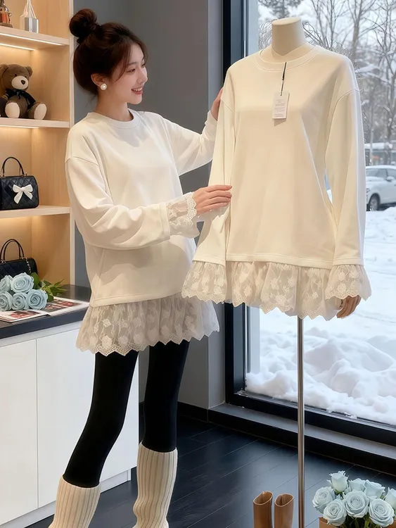 欧货春秋白色长袖t恤女蕾丝冬新款加绒中长内搭打底衫外穿遮屁股