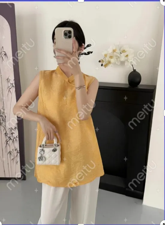 人丝黄色马甲ins国风复古百搭设计师重工中式