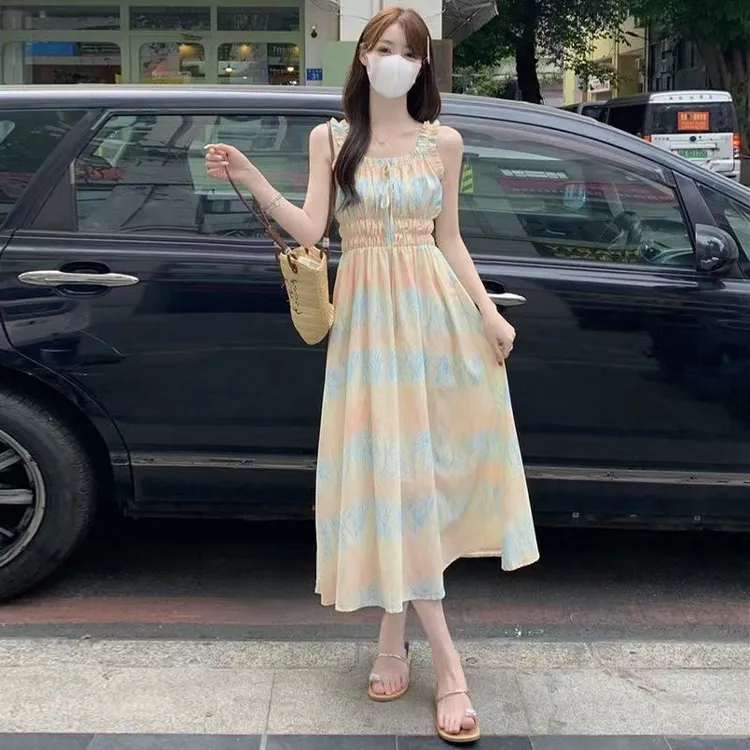 【新款显瘦碎花夏季木耳边吊带裙】甜美连衣裙文艺复古风TR面料