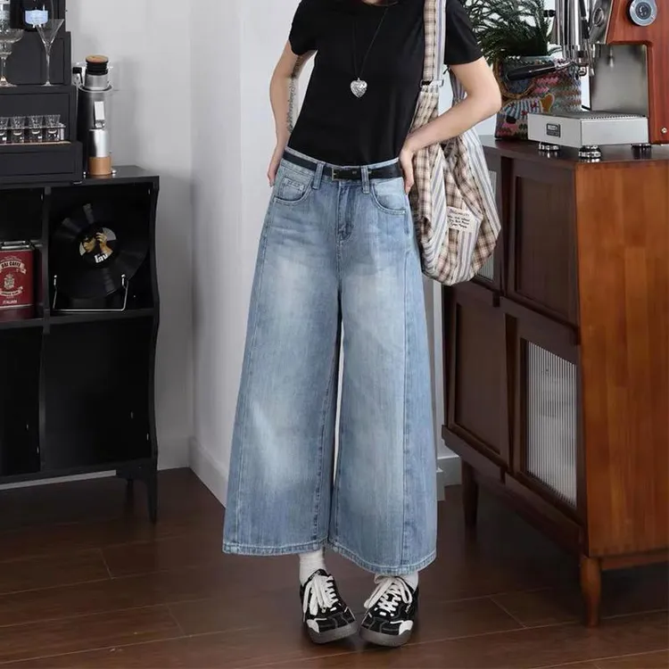 美式复古做旧水洗宽松阔腿裤女2025夏季新款高腰显瘦八分牛仔裤子