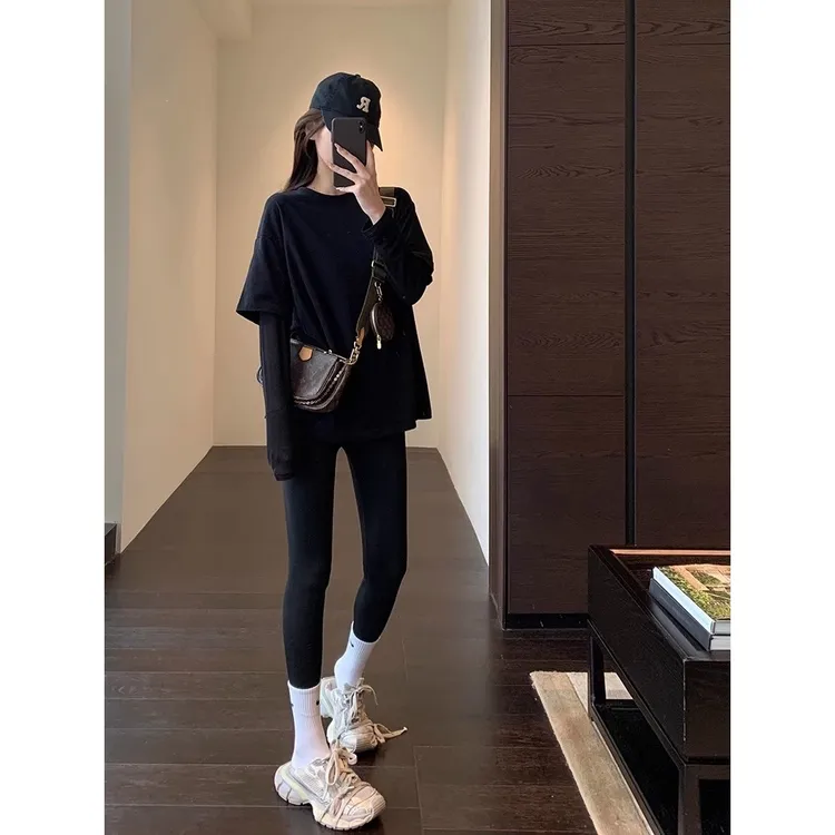 美式休闲网纱上衣假两件设计慵懒宽松长袖防晒衫纯色T恤女春秋款