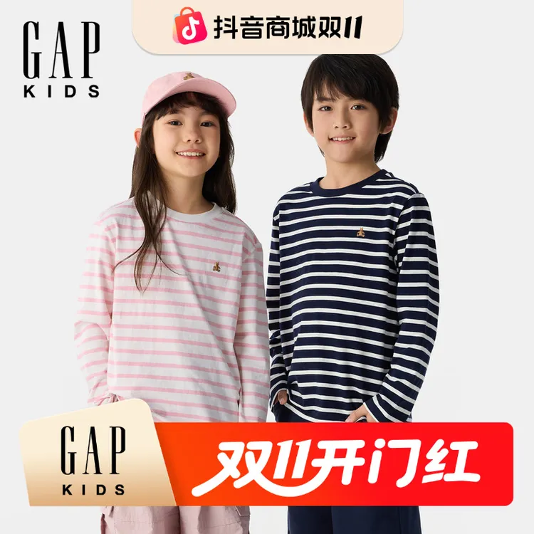 【大小童同款】Gap男女童2025秋纯棉撞色条纹长袖T恤687247/687266