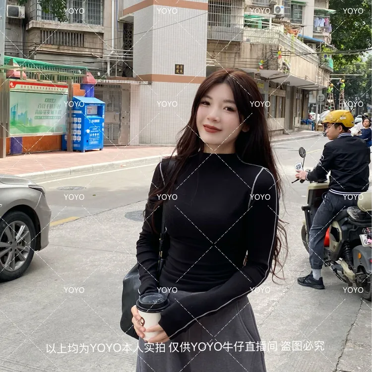 YOYO自制2【黑调线条】磨毛冬款显瘦修身休闲设计感长袖上衣
