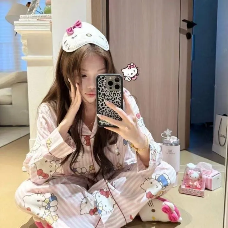 甜美少女日系ins风可爱卡通凯蒂蝴蝶结睡衣女春秋长袖长裤家居服