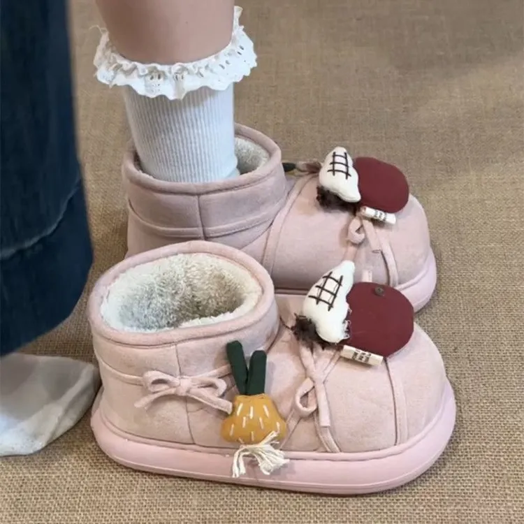 可爱卡通布偶绒面雪地靴女2025冬季新款蝴蝶结加绒加厚防寒大棉鞋