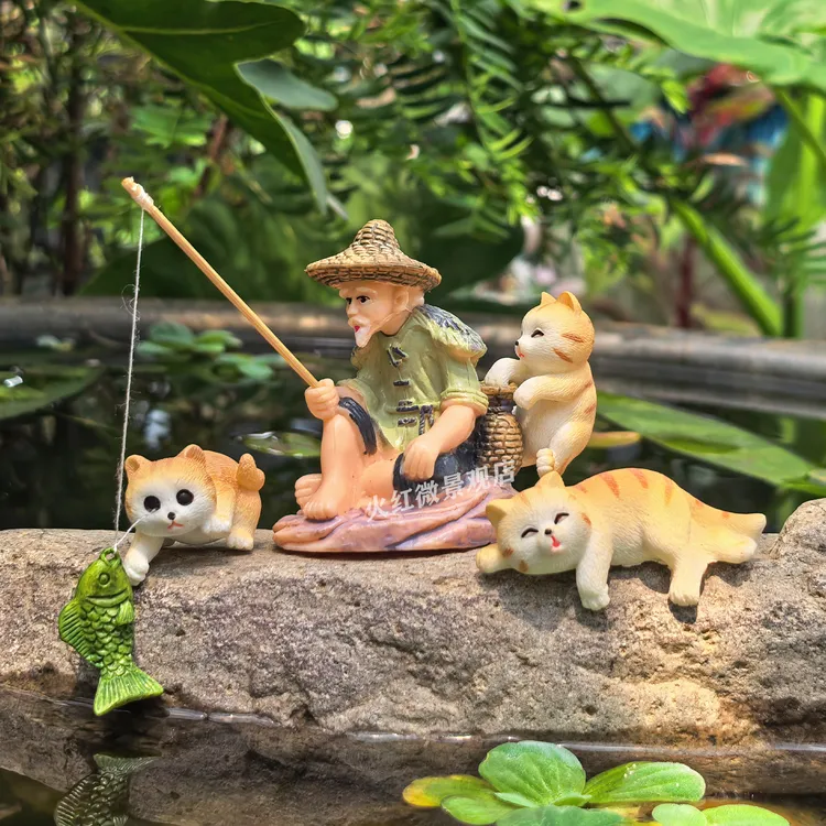 钓鱼翁小猫咪姜太公钓鱼盆景假山水池古法水缸鱼缸造景装饰小摆件