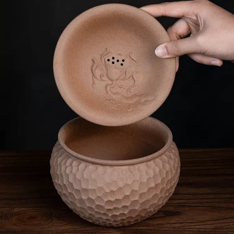 陶瓷粗陶带盖茶渣缸家用桌面功夫茶具茶道配件茶洗废茶水桶水盂缸