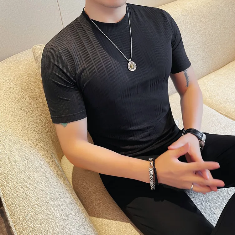 夏季男士短袖T恤修身休闲冰凉感男款百搭冰丝半袖上衣圆领打底衫
