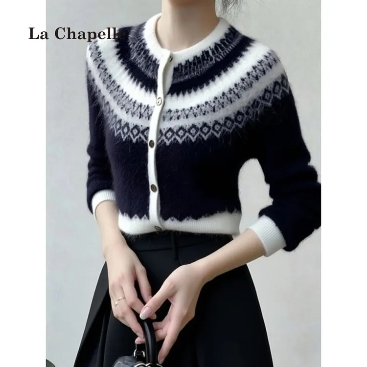 拉夏贝尔软糯藏蓝色毛衣女秋冬超好看独特气质高端小香风针织开衫