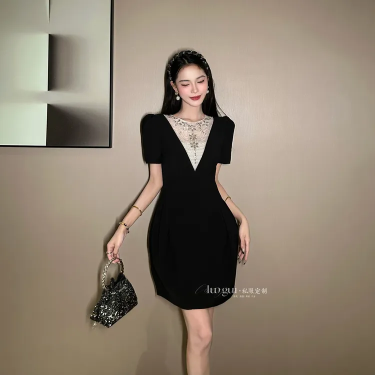 【花花原创】显瘦气质时尚名媛轻奢 设计感复古拼接花苞连衣裙9076