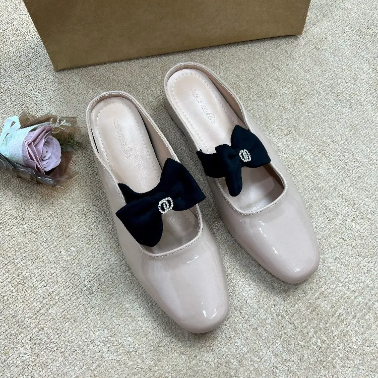 法式内增高5cm银色半拖蝴蝶结一脚蹬外穿裸色仙女温柔包头单鞋女 