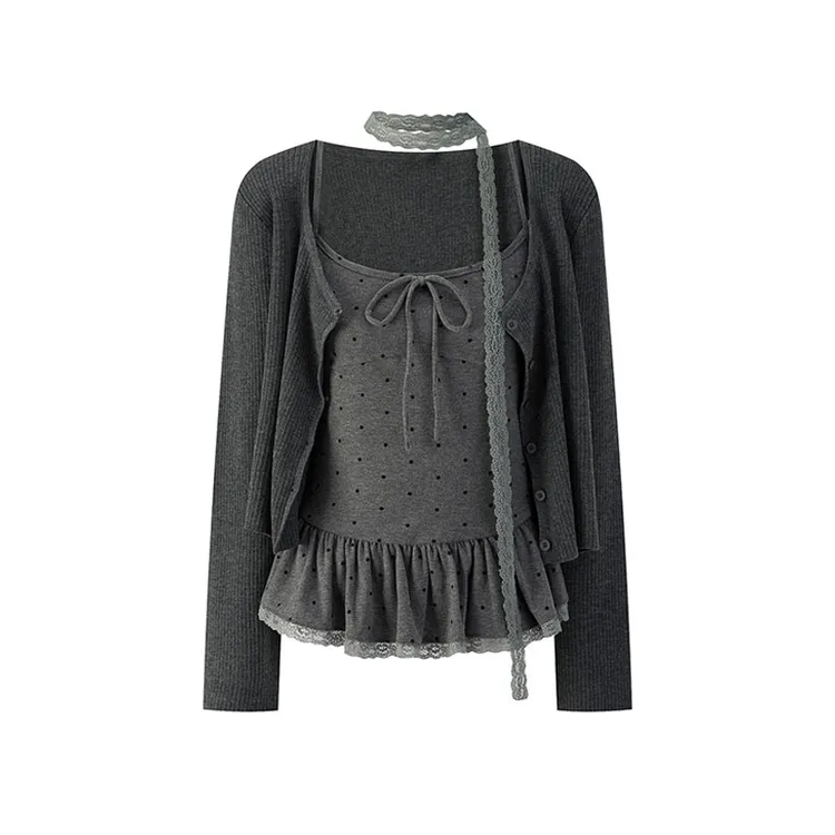 S-4XL秋装纯欲甜辣蕾丝波点荷叶边吊带背心人棉开衫围脖两件套女