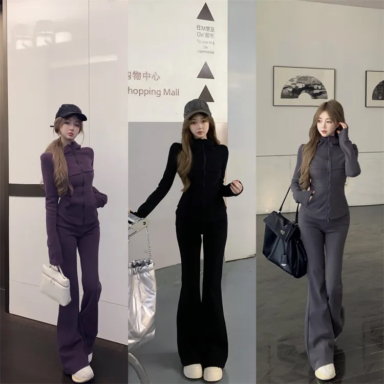 冬季加绒加厚时尚休闲运动百搭连帽外套拉链长袖微喇叭长裤两件套