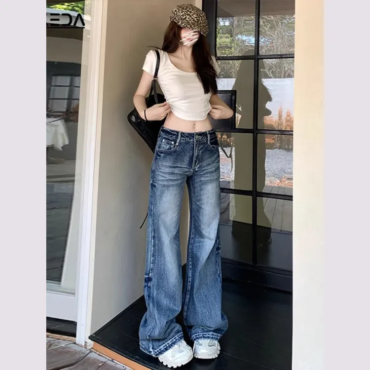 复古辣妹做旧水洗波纹牛仔阔腿裤女夏季垂感窄版紧身微喇拖地长裤