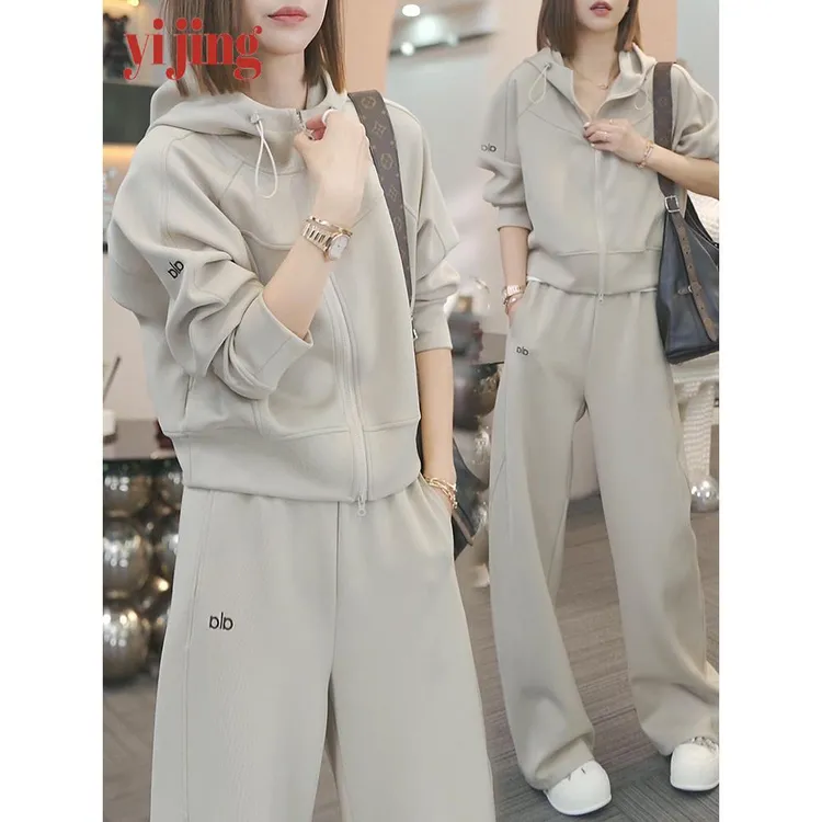 韩版时尚潮流一整套女春秋新款气质休闲连帽外套阔腿长裤两件套装