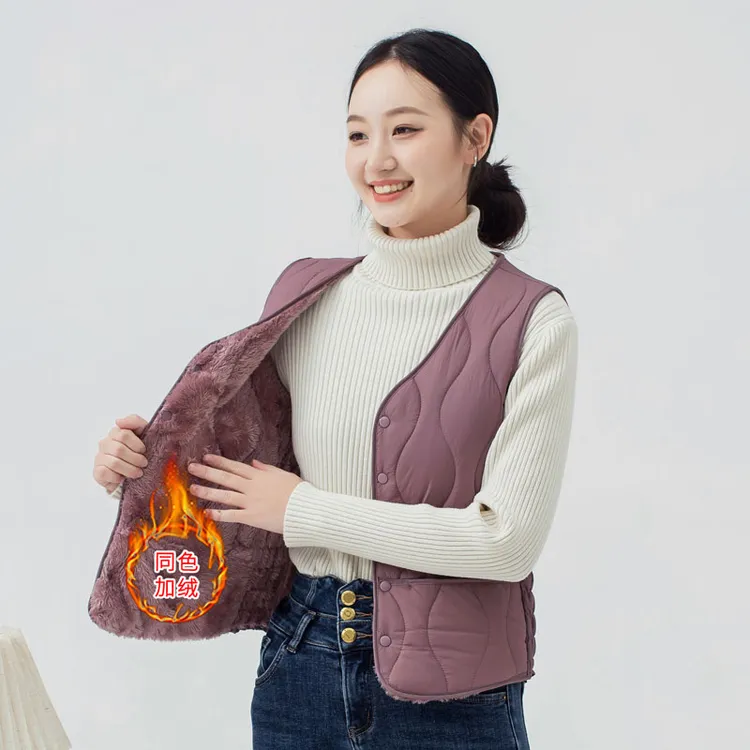 秋冬女士加绒棉马甲保暖背心韩版外穿v领坎肩修身百搭中老年内胆