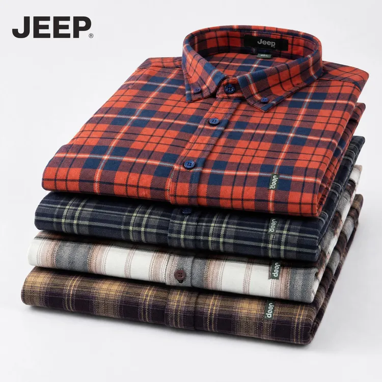 JEEP/吉普秋冬男士长袖纯棉磨毛衬衫男休闲户外大码格子免熨外套