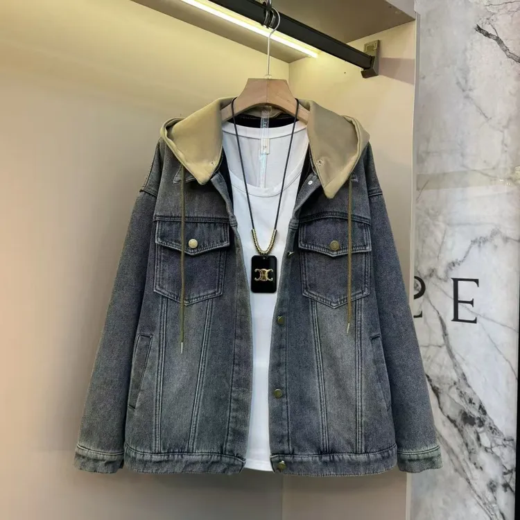 2025新款秋冬欧货潮流简约帅气时尚气质连帽胖mm显瘦牛仔外套3252