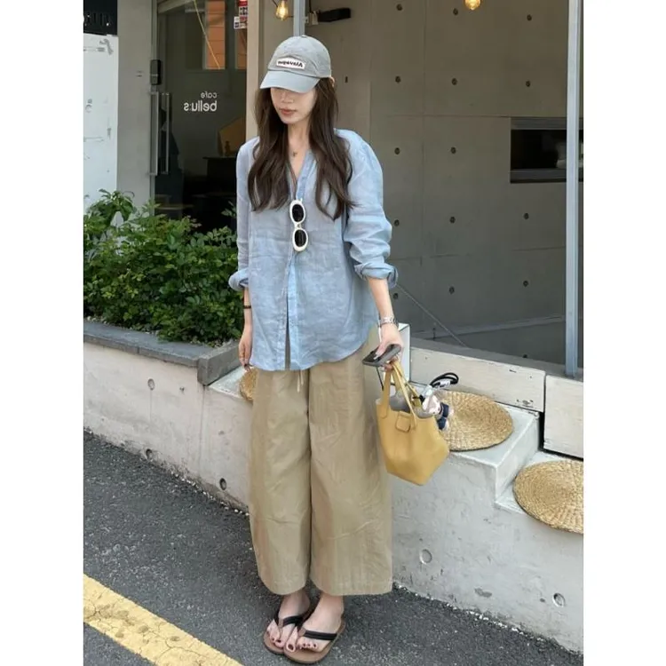巨好看的夏季韩里韩气穿搭独特绝美蓝色衬衫阔腿裤休闲宽松套装女