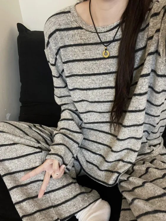 甜美少女简约条纹德绒睡衣女秋冬季新款加厚慵懒风保暖家居服套装