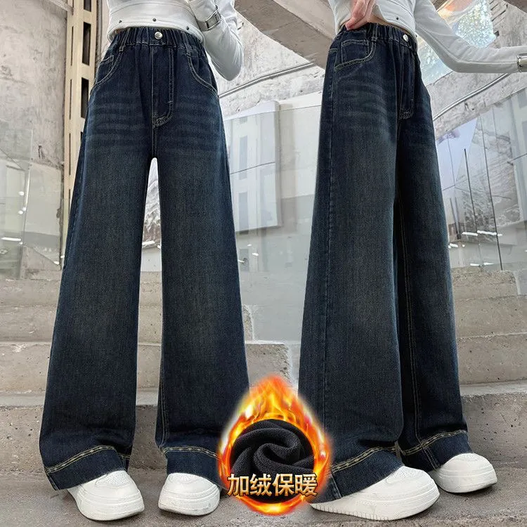 【加绒】女童裤子冬款2025新款儿童冬季一体绒儿童加绒阔腿刺绣牛仔