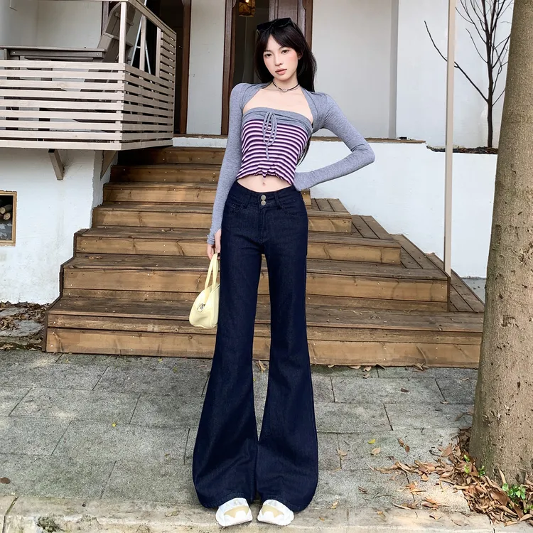 美式复古双扣设计宽松微喇牛仔裤女丹宁蓝长裤