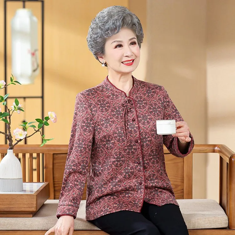 中老年人秋装衬衫女妈妈洋气上衣老太太70岁奶奶春秋长袖衬衣外套