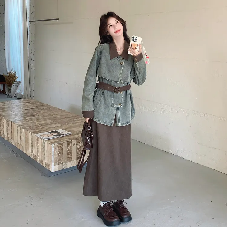 韩系复古高级感套装女2025秋季新款气质时尚牛仔外套半身裙两件套