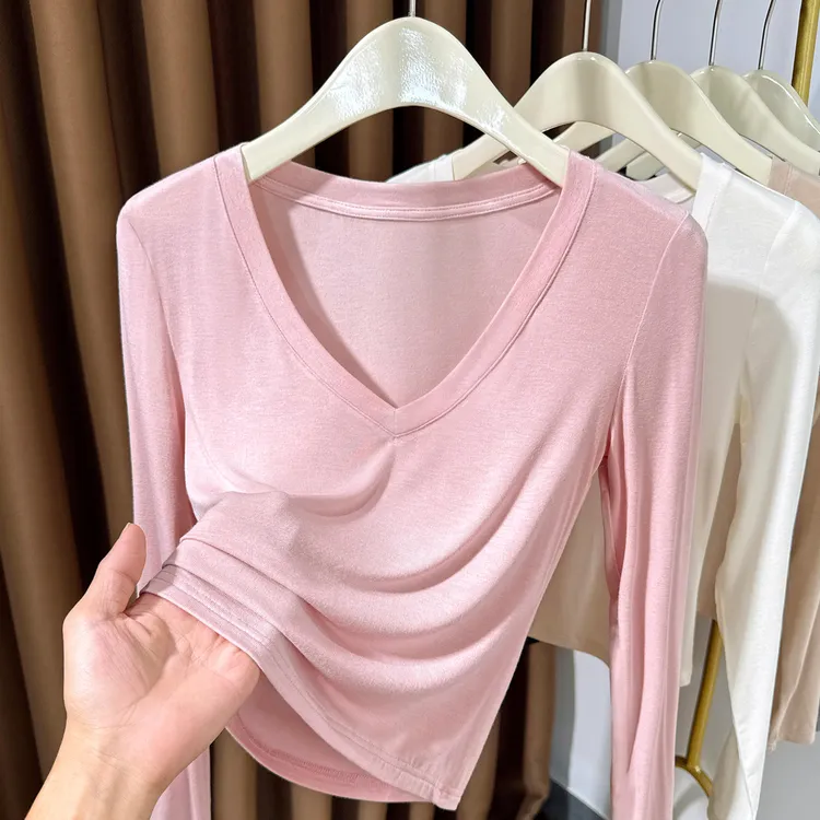 长袖针织T恤短款内搭秋薄款大领口修身上衣女设计感低领打底衫