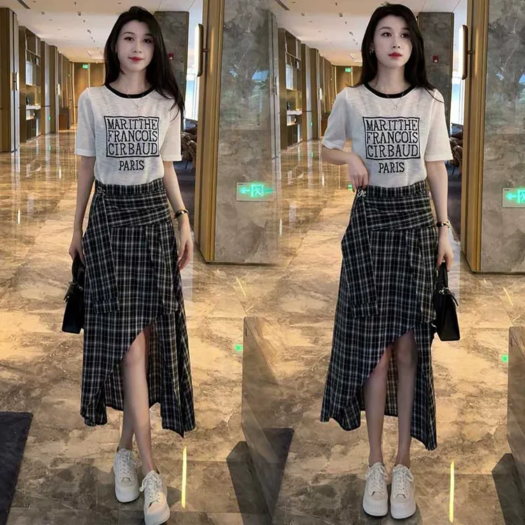 时尚连衣裙套装女夏季新款洋气短袖T恤格子不规则半身裙两件套潮