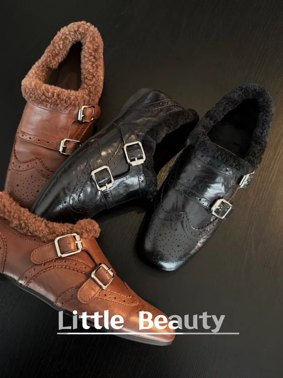 【小美家】头层胎牛皮巴洛克秋冬加绒乐福鞋