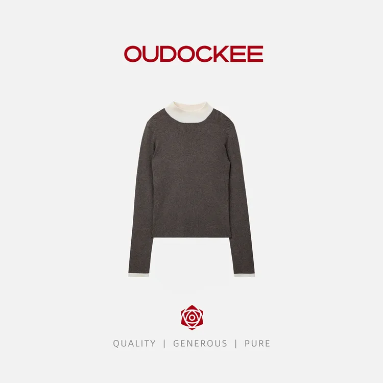 OUDOCKEE 鸥鸥【绵羊毛】撞色高级感气质咖色针织打底衫 MACAB850T