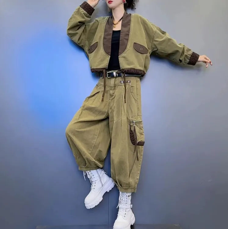 秋季设计感撞色领三色套装长袖外套高腰显瘦休闲裤休闲时尚套装