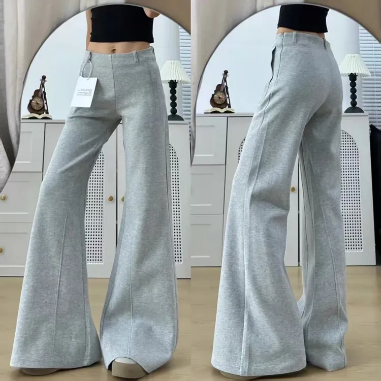 灰色低腰微喇裤女2025秋季新款高级感垂感宽松显瘦阔腿拖地休闲裤