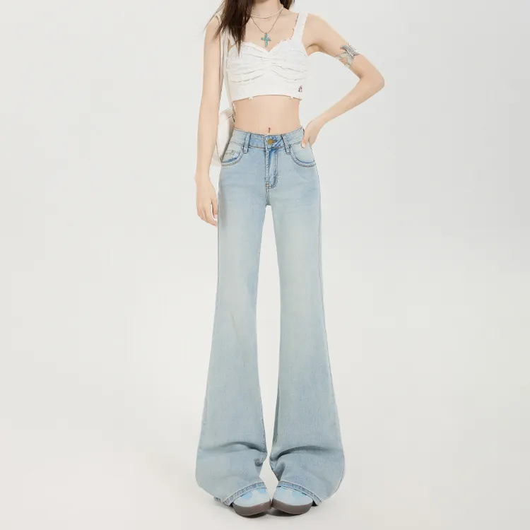 美式冰蓝色复古辣妹微喇牛仔裤女2025夏季百搭显瘦垂感时尚喇叭裤