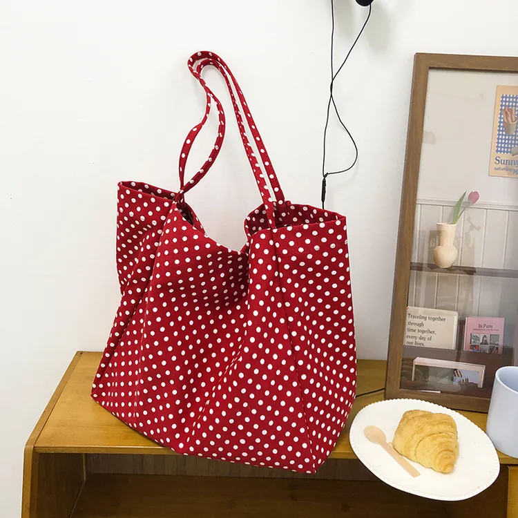 原创文艺帆布包托特包大容量单肩女包小众包袋休闲百搭波点小清新