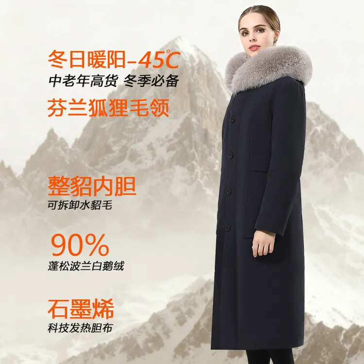 新款貂皮内胆派克服女狐狸毛领可拆卸整貂水貂毛长款鹅绒羽绒服冬