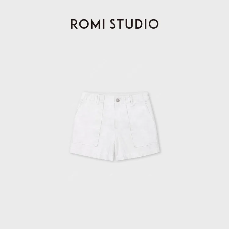 ROMI STUDIO“白麻短裤”重磅棉麻洗水工装贴袋低腰短裤RWDSXY2943