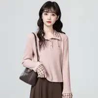 粉色翻领长袖T恤女春秋2025秋季新款设计感格子拼接短款外穿上衣