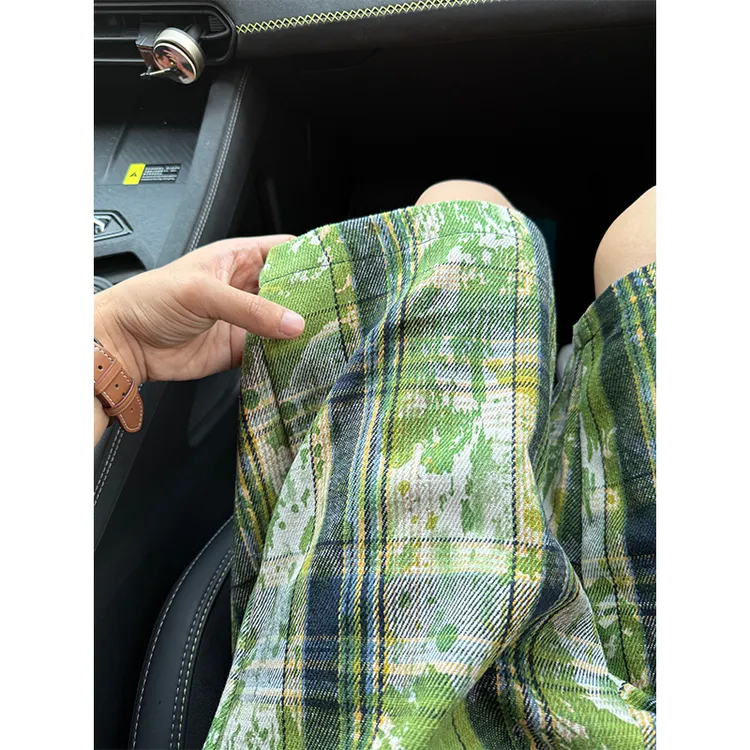 绿色扎染格子短裤男夏季多巴胺穿搭五分裤子美式复古阔腿运动中裤