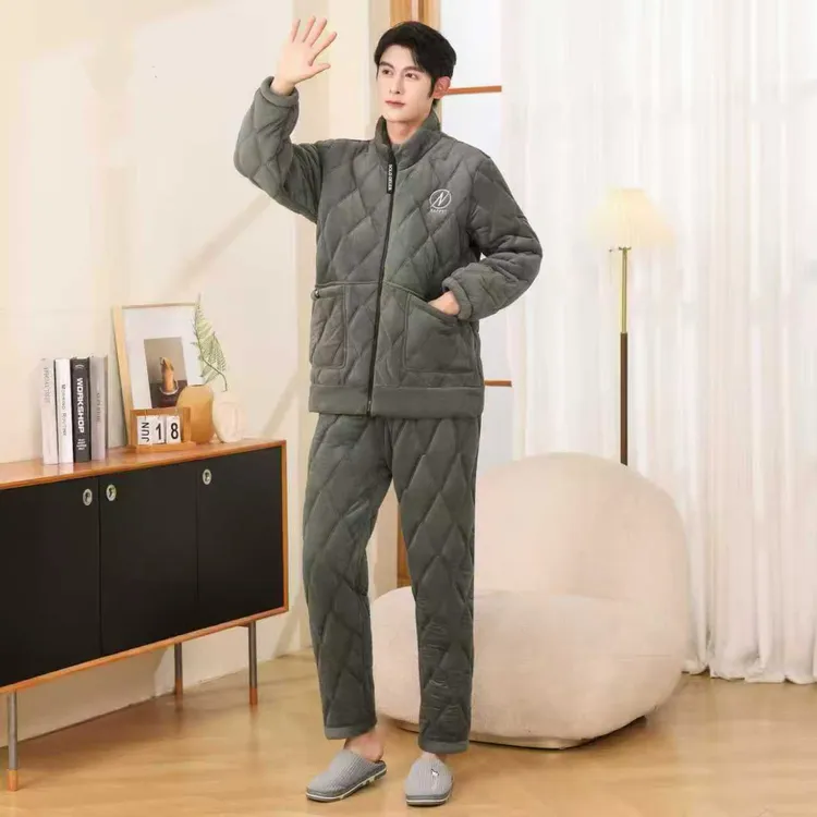 冬季男士保暖家居服套装三层夹棉加厚保暖居家外出可外穿休闲时尚