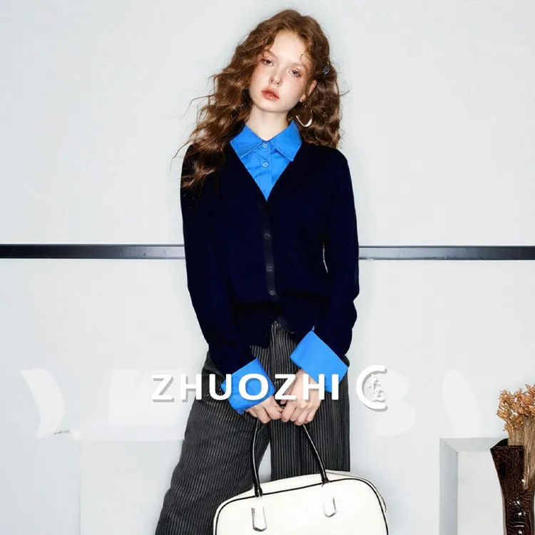 卓芝法式撞色拼接假两件POLO领针织衫2025秋冬新款洋气百搭上衣女