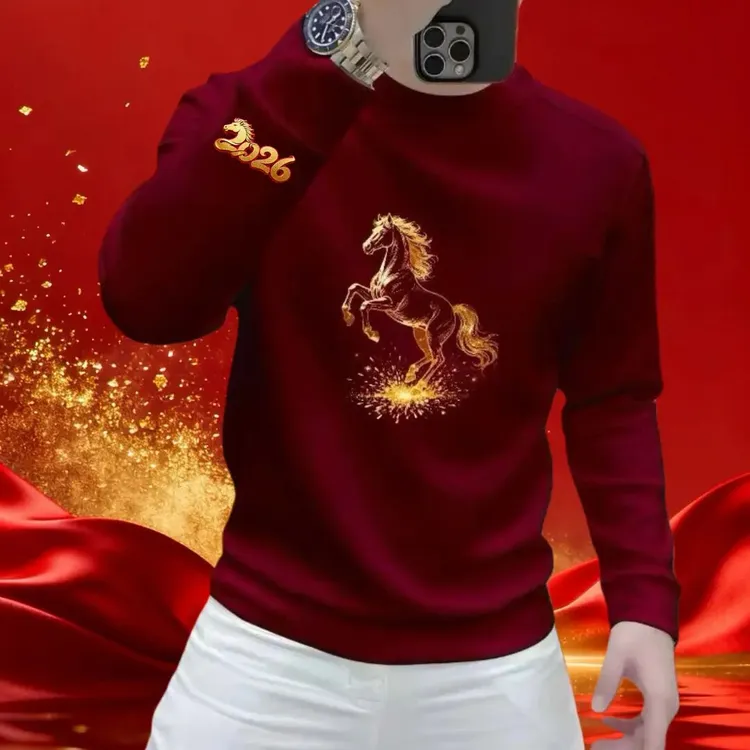 新款2026马年红色圆领宽松卫衣男款本命年衣服秋冬加绒宽松打底衫