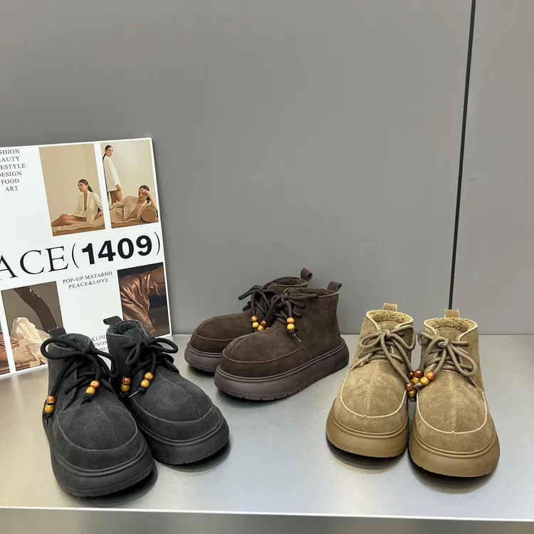 冬季磨砂圆头休闲女中跟短靴拉链休闲风前系带保暖女鞋