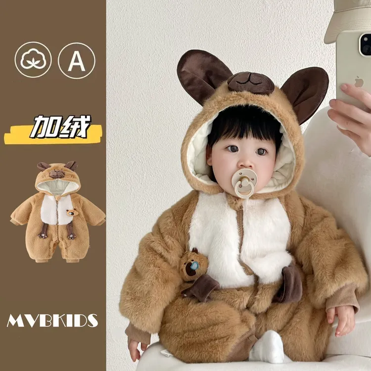 婴儿加绒连体衣秋冬保暖连帽小熊造型超萌外出服男女宝宝