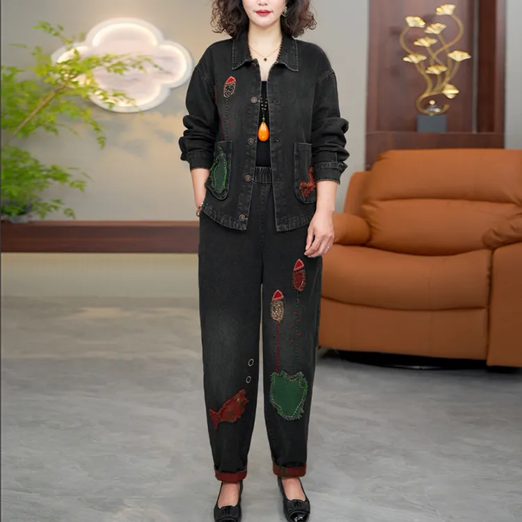 秋新款做旧水洗牛仔宽松遮肉显瘦两件套秋款麦穗-9906