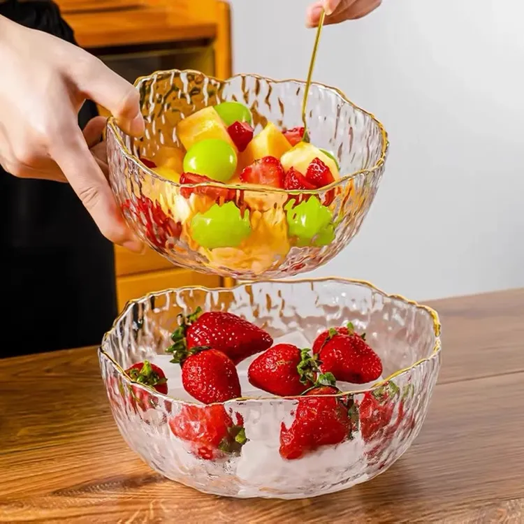 水果盘大号金边盘子网红轻家用沙拉碗沙拉碗轻奢锤纹简约创意透明