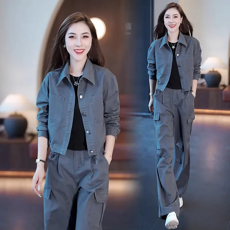 时尚牛仔套装女2025春秋新款洋气显瘦短款外套工装阔腿裤两件套潮
